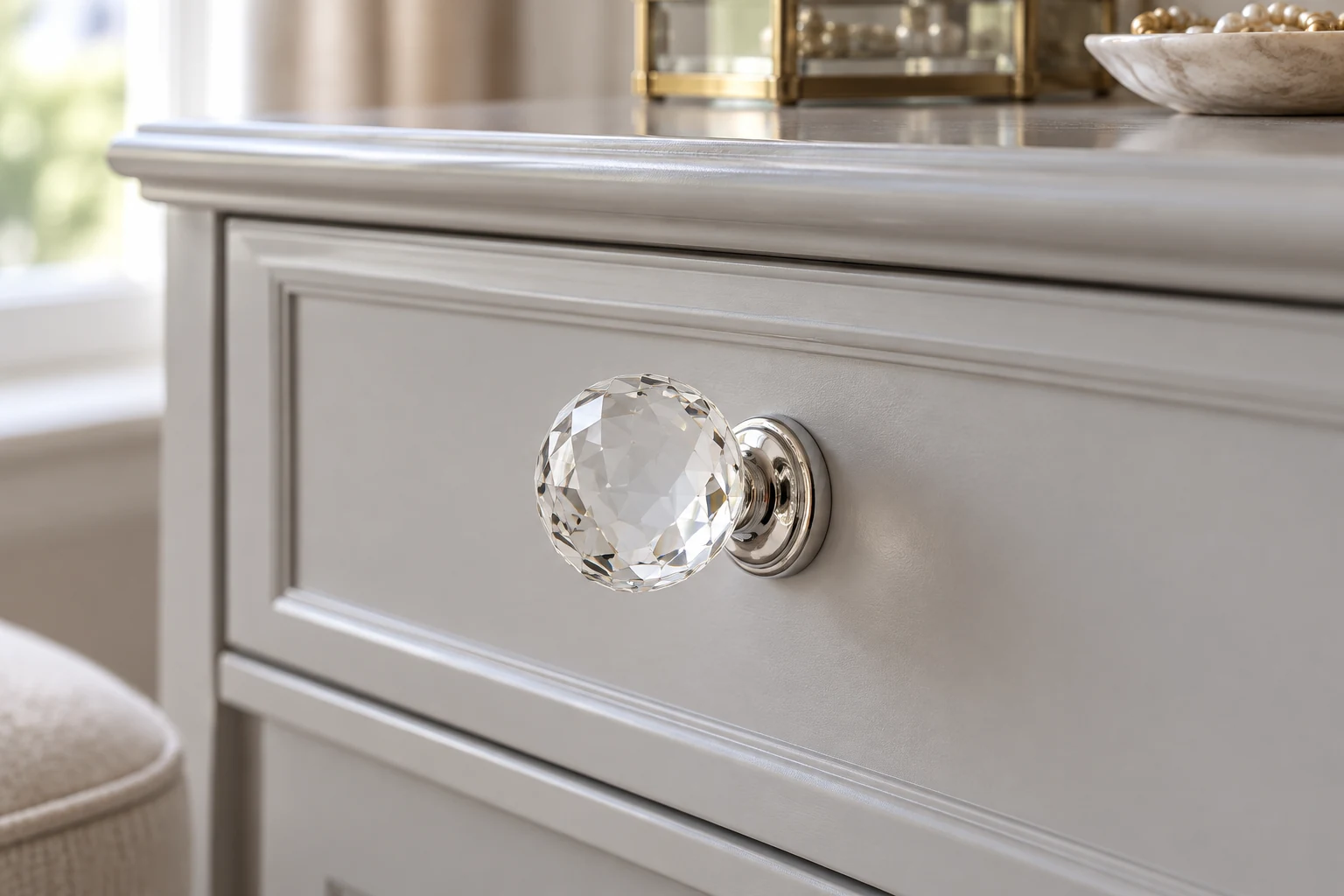 Crystal Knob · Clear faceted near-spherical knob on a gray drawer