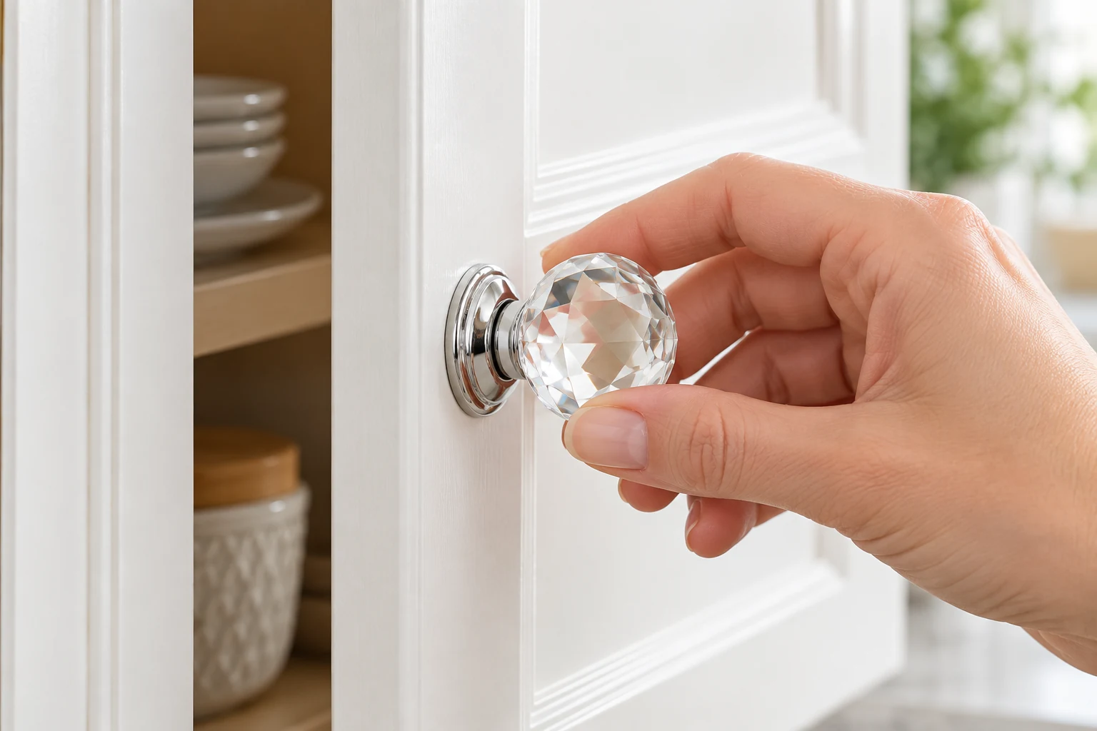 Crystal Knob · Opening a door with the clear faceted knob