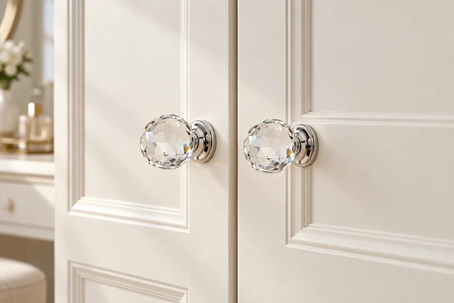 Crystal Knob · Matching faceted knobs on paired doors