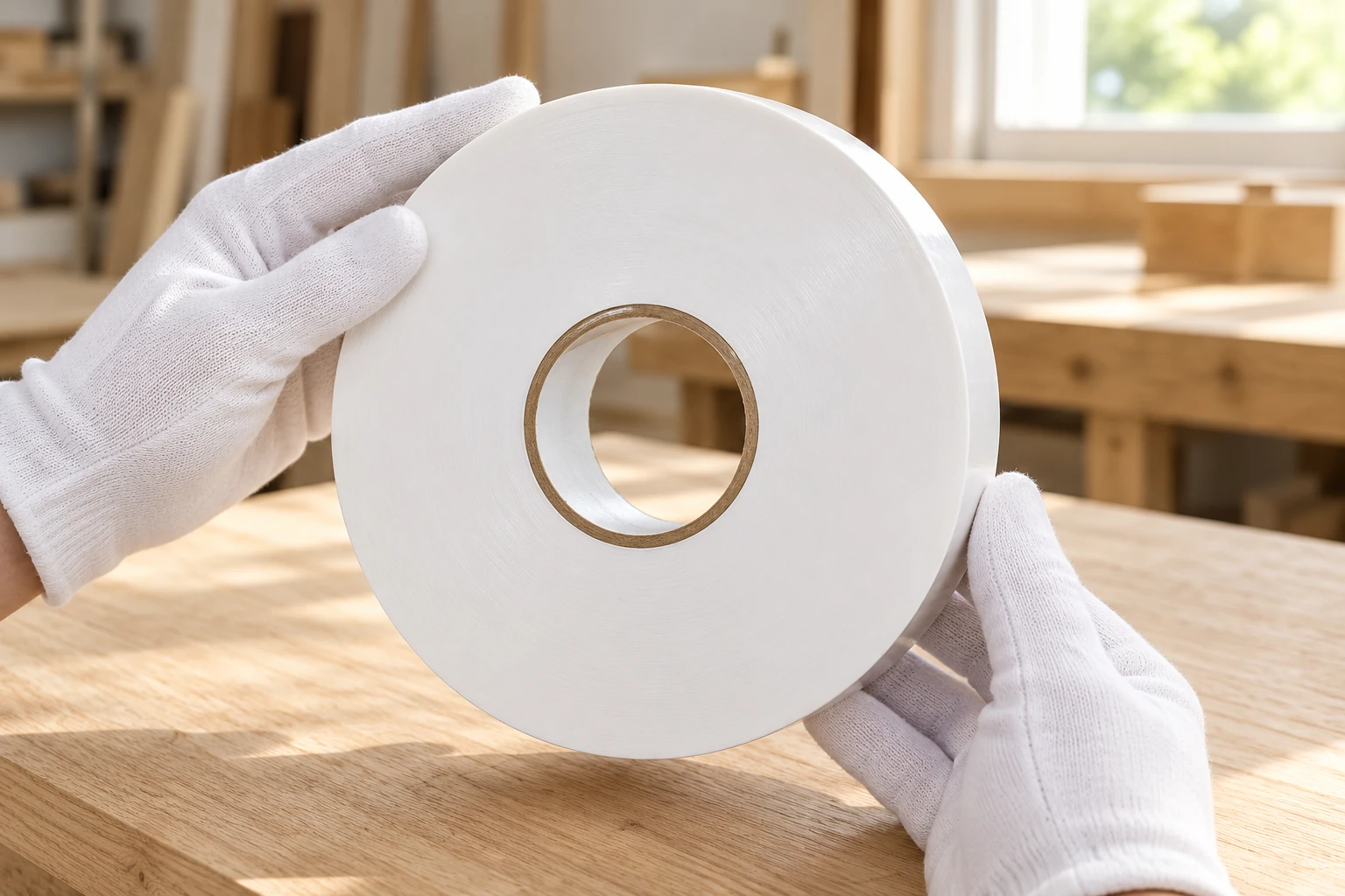 Double-sided Tape · Inspecting an intact wide white roll