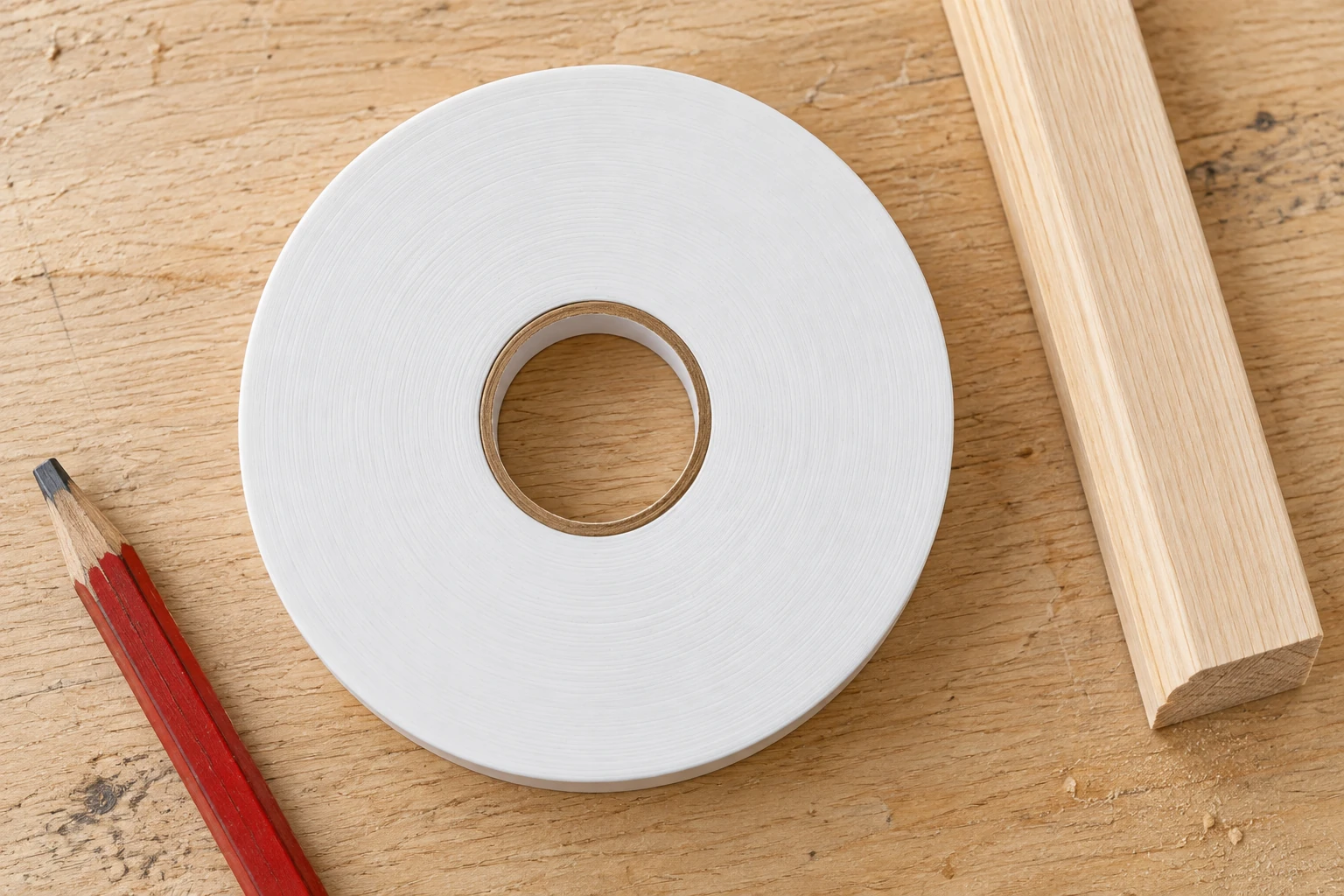 Double-sided Tape · White roll and trim prepared on a workbench