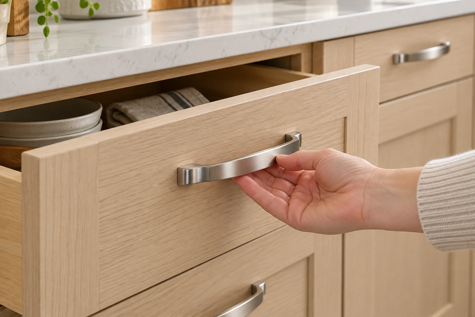 Handles · Silver wide thin arch subtype: opening a drawer