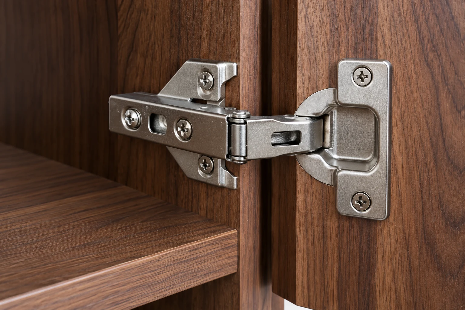 Cabinet Hinge · Articulated arm inside a dark-wood cabinet