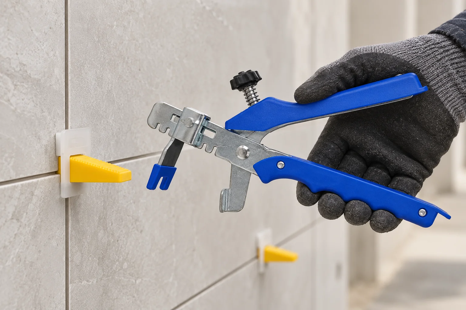 Tile Leveling Pliers · Clip and wedge at a wall-tile joint