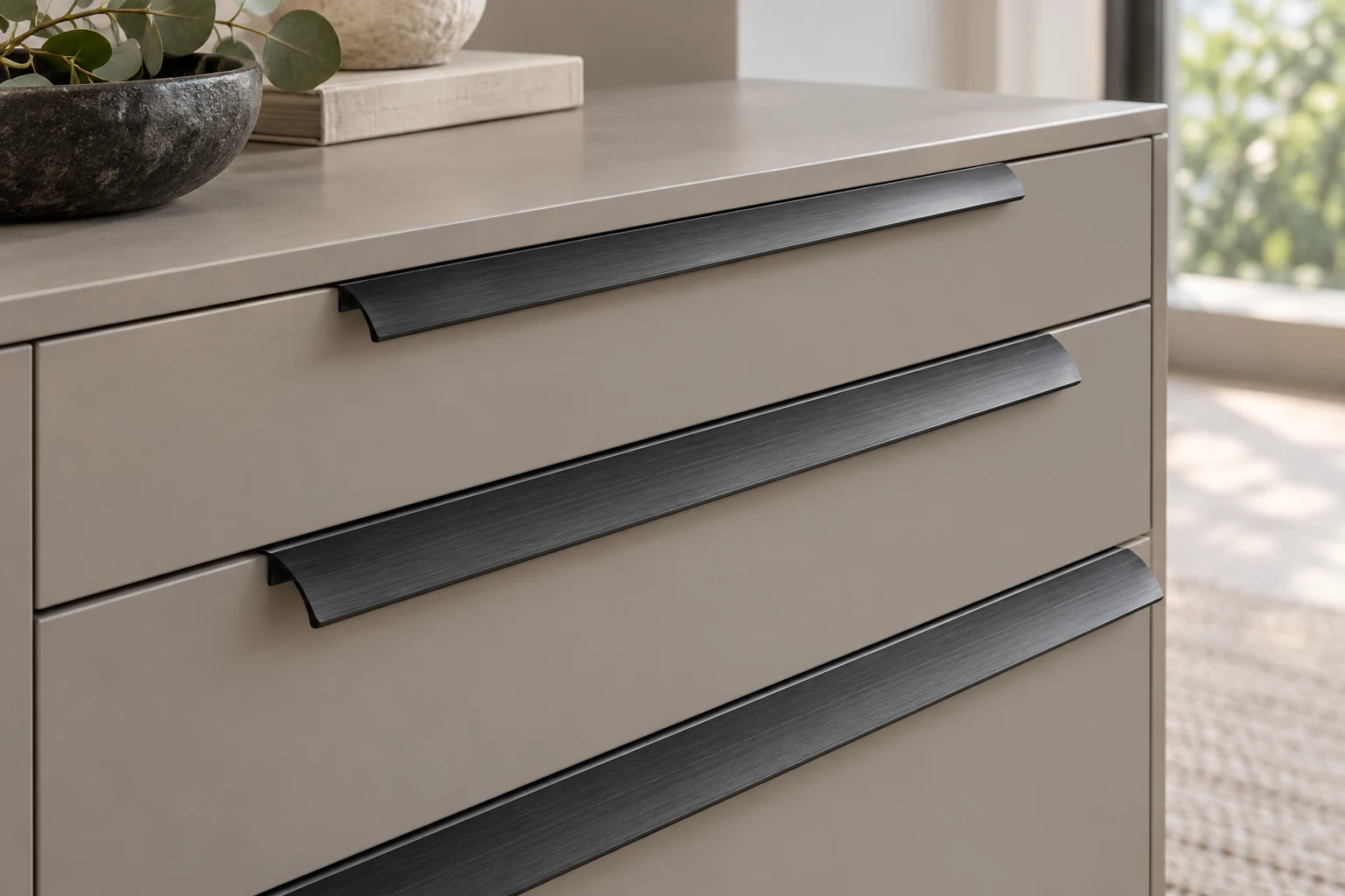 Edge Pull Profile · Matching curved profiles across gray drawers