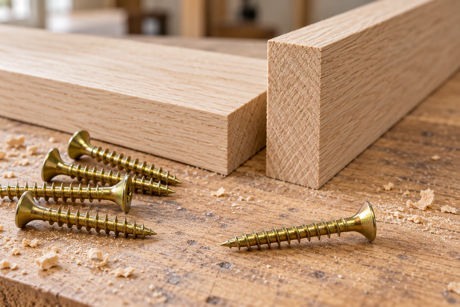 Screws · Gold countersunk screws beside prepared timber