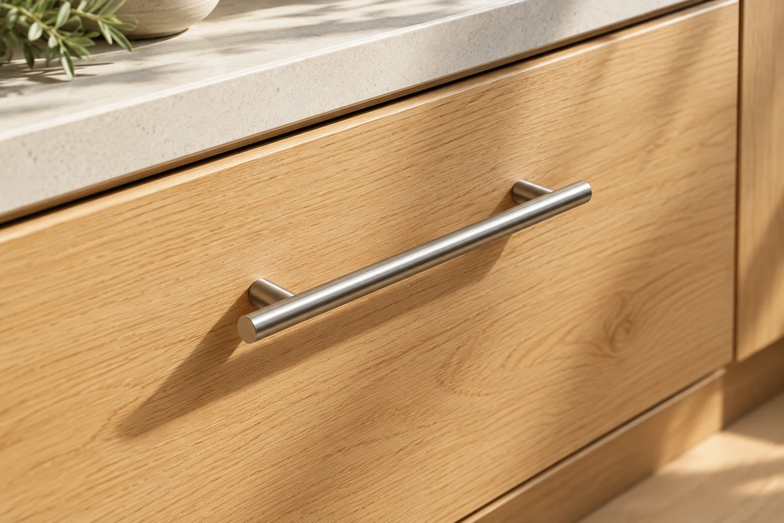Two-post Bar Pull · Two-post bar pull on an oak drawer