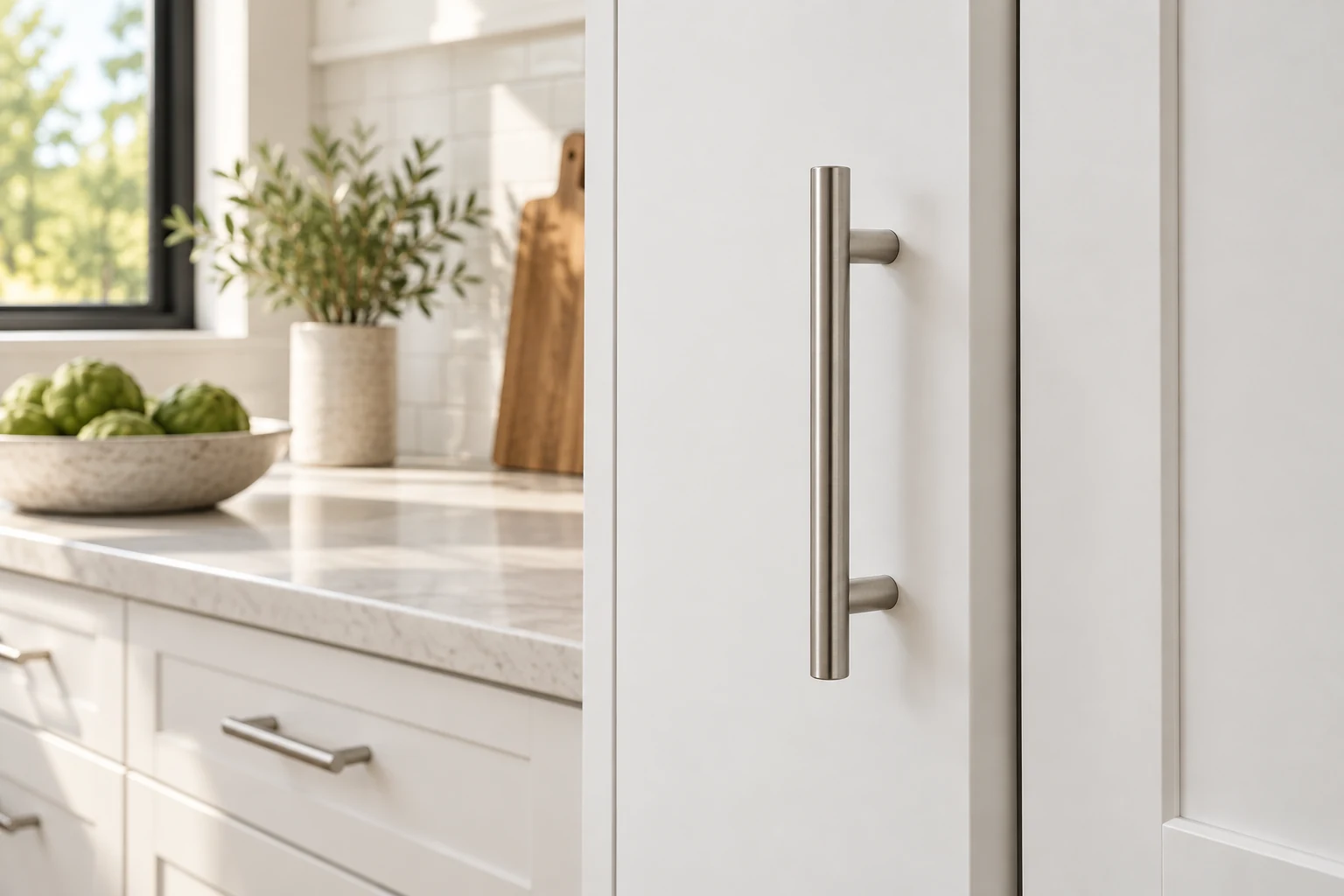 Two-post Bar Pull · Vertical pull on a white cabinet door