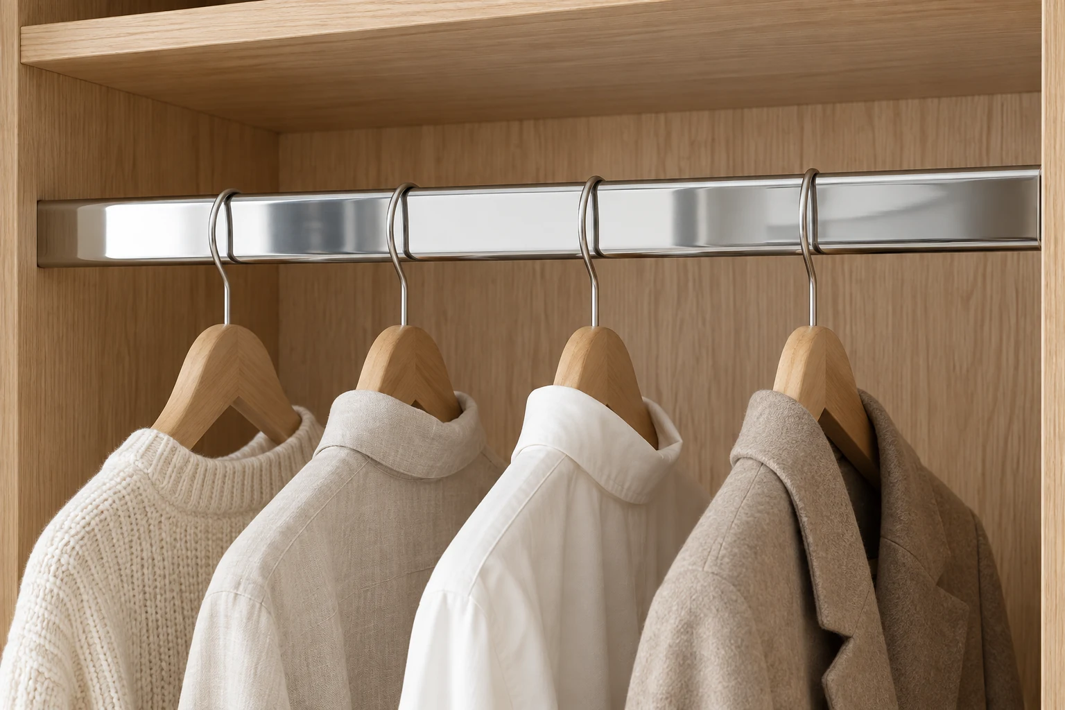 Wardrobe Rail · Broad flat silver rail in an open wardrobe