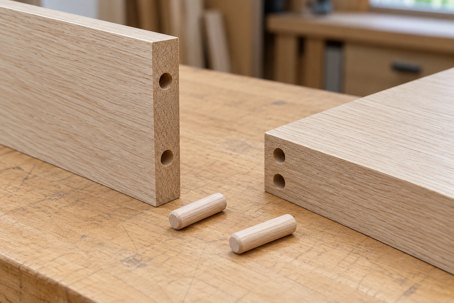 Wooden Dowel · Dowels beside predrilled panels