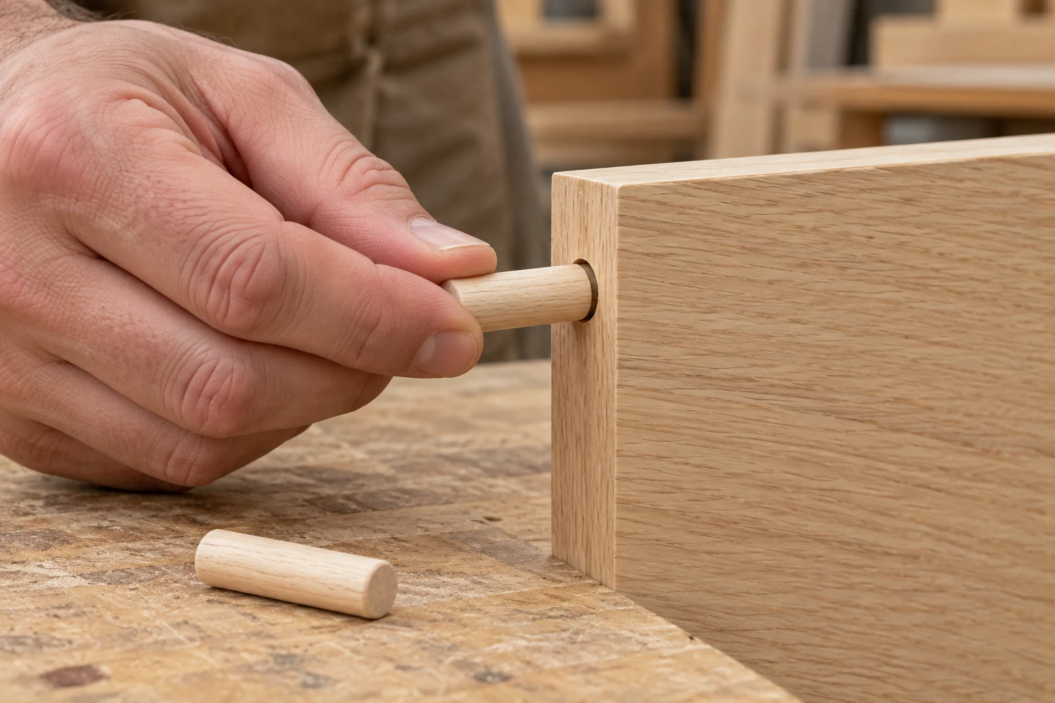 Wooden Dowel · Pressing a dowel into a panel-edge bore