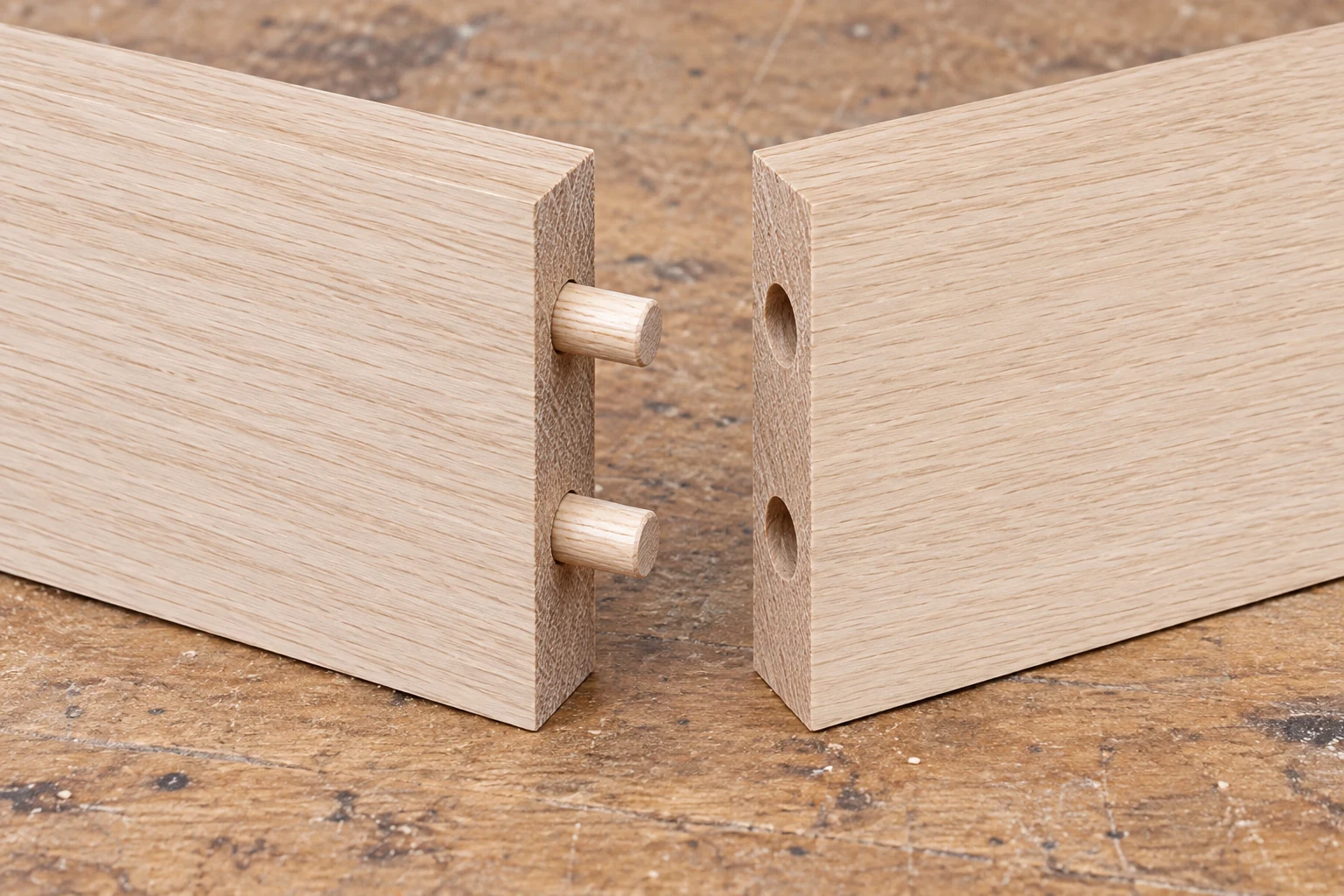 Wooden Dowel · Dowels aligned with matching bores