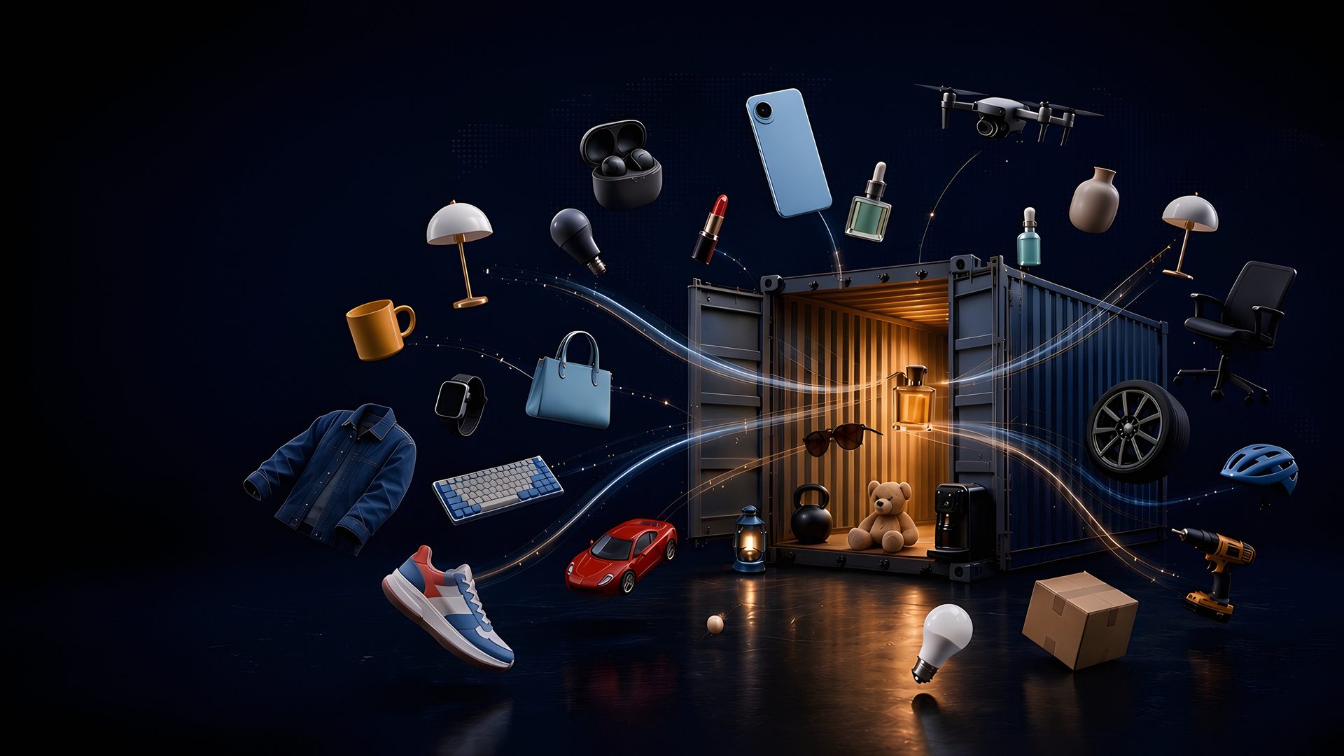 Products travelling along light trails into a shipping container