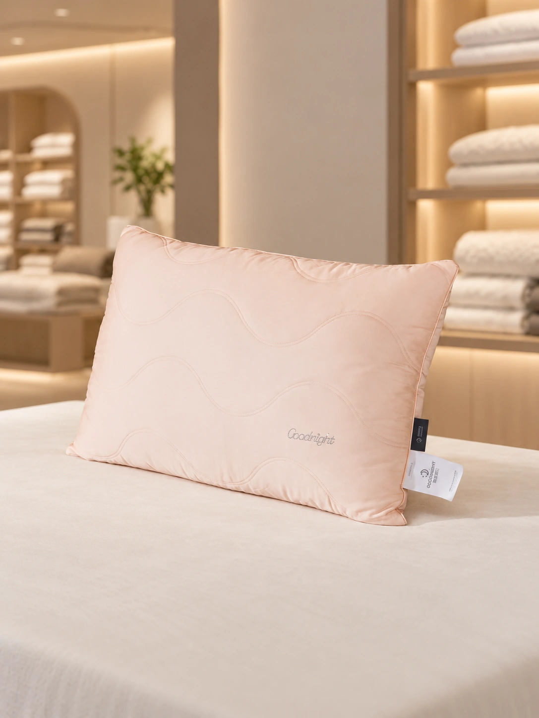 Amino Acid Silk Protein Pillow: Premium bedding showroom demonstration table