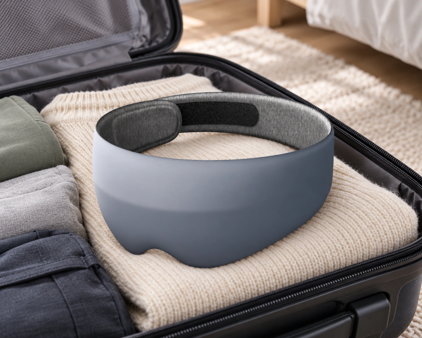 Anshui Light-Blocking Eye Mask: Open suitcase packing · Scene illustration