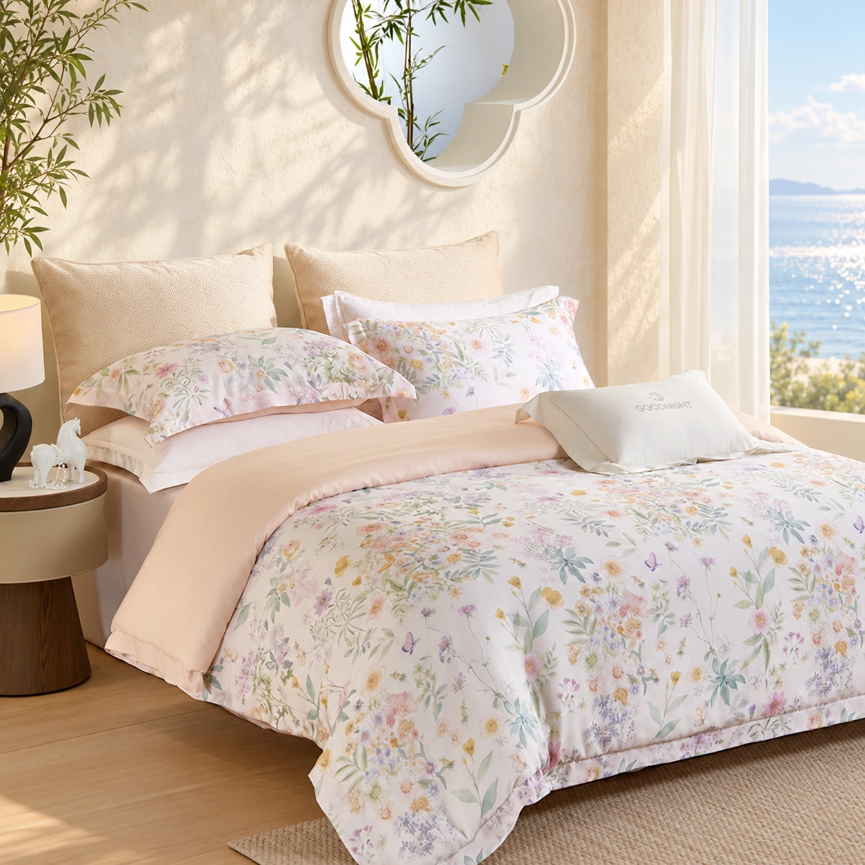 Chun Zhi Cai Four-Piece Bedding Set: Coastal bedroom display