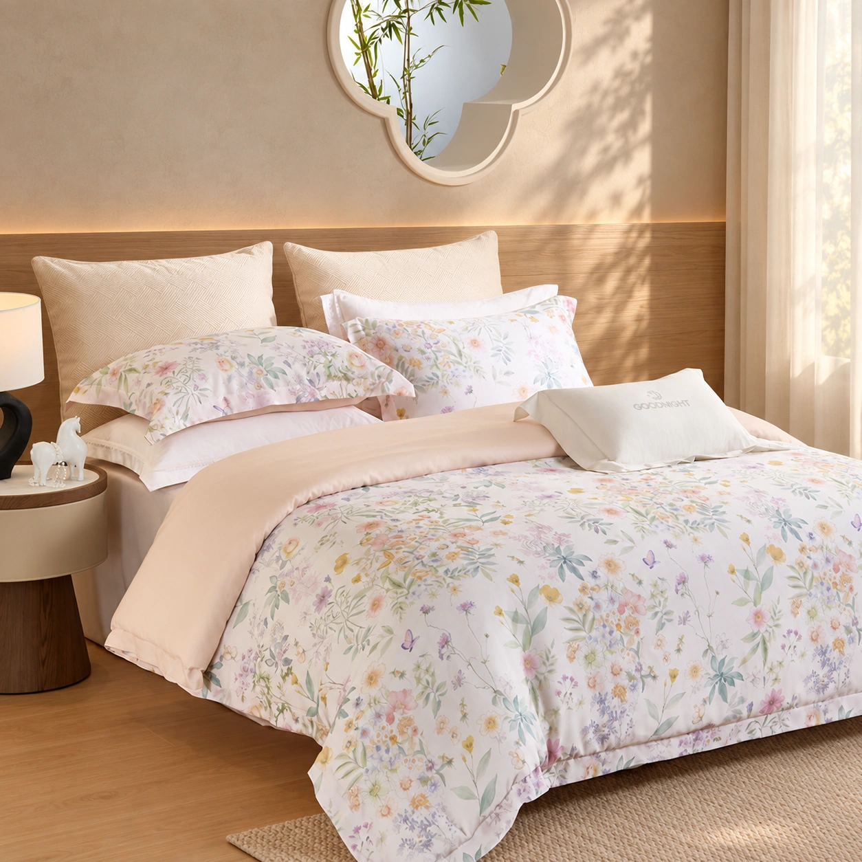 Chun Zhi Cai Four-Piece Bedding Set: Guestroom preparation display