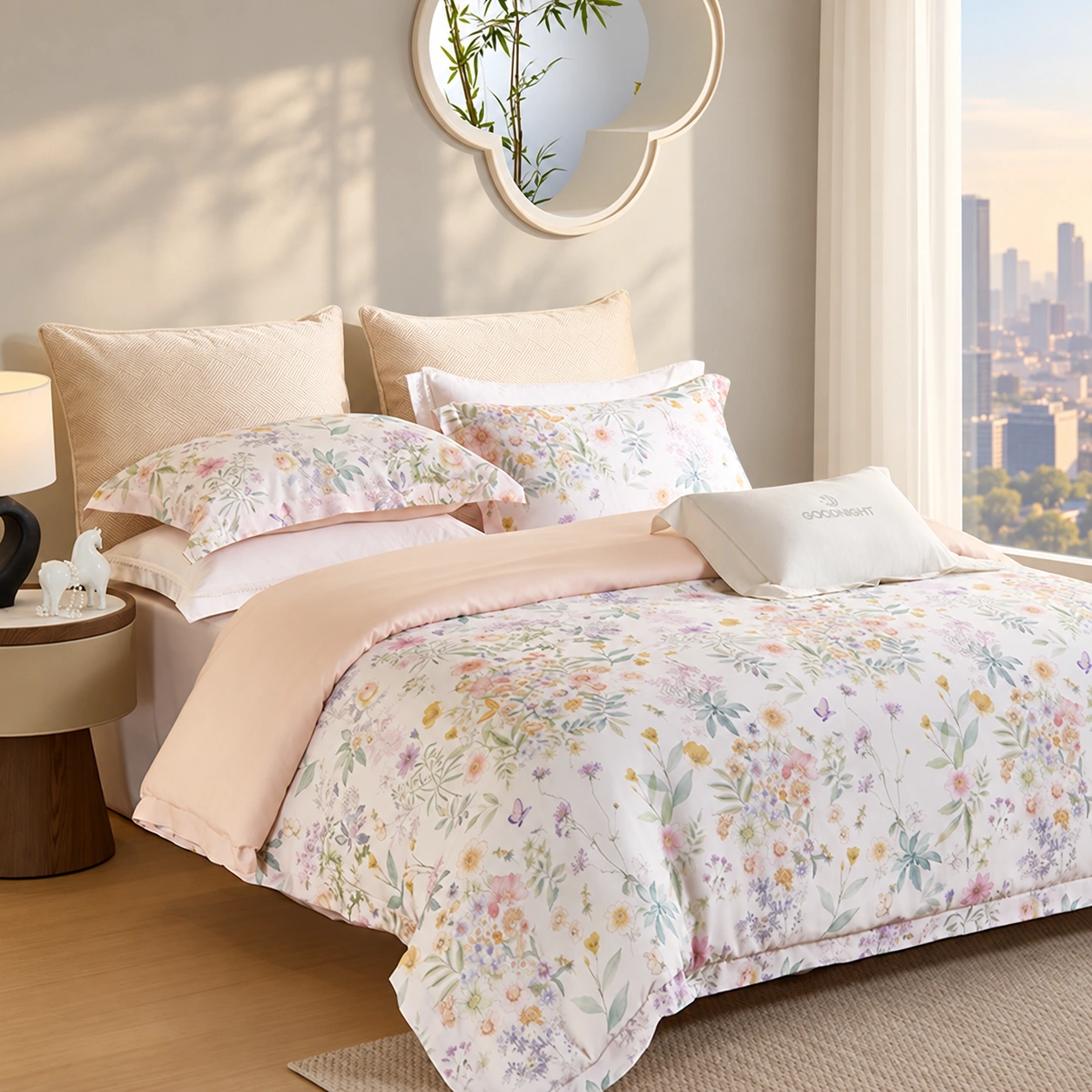 Chun Zhi Cai Four-Piece Bedding Set: High-rise city bedroom display