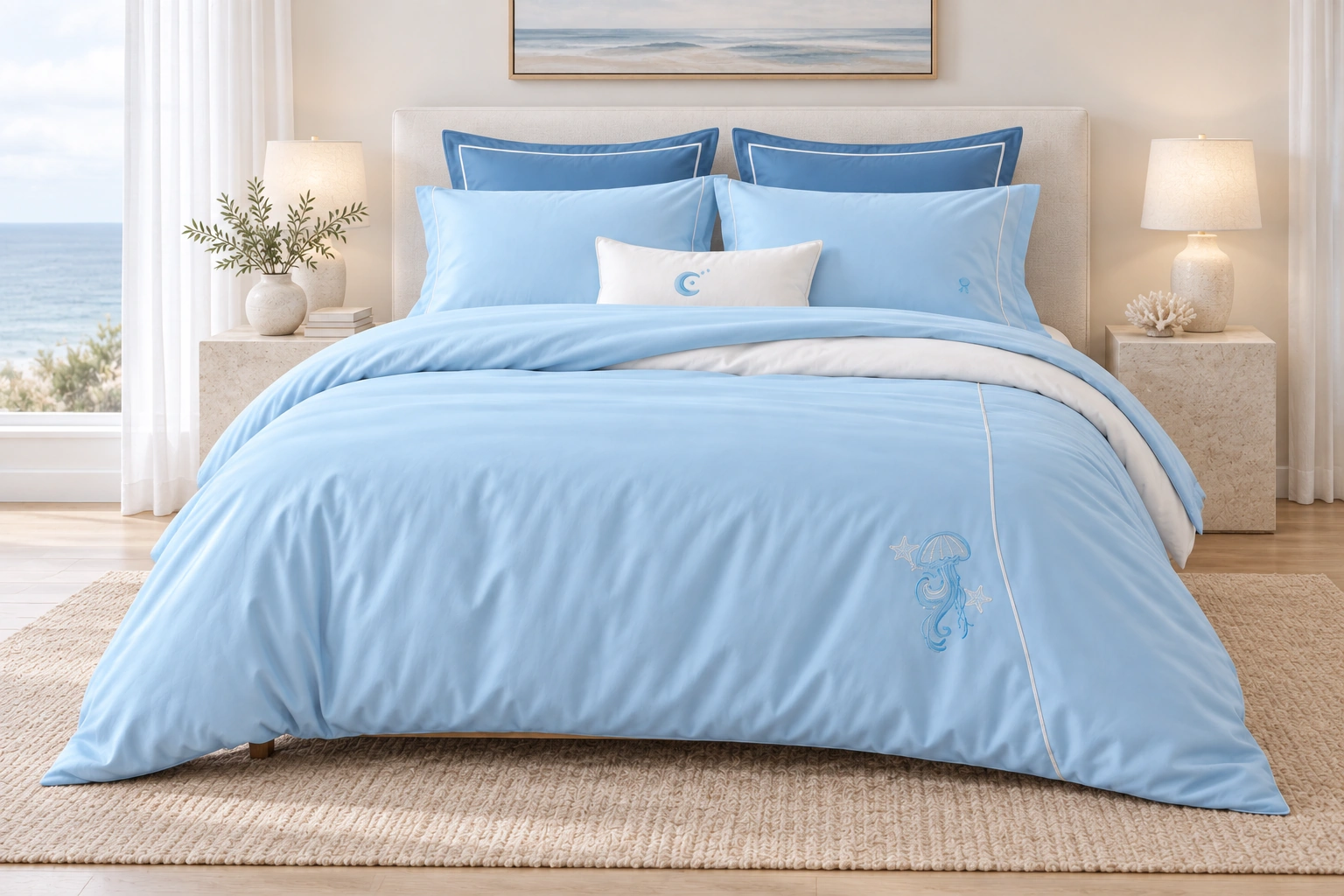 Lanhai Liuguang Four-Piece Bedding Set: Coastal bedroom in soft daylight