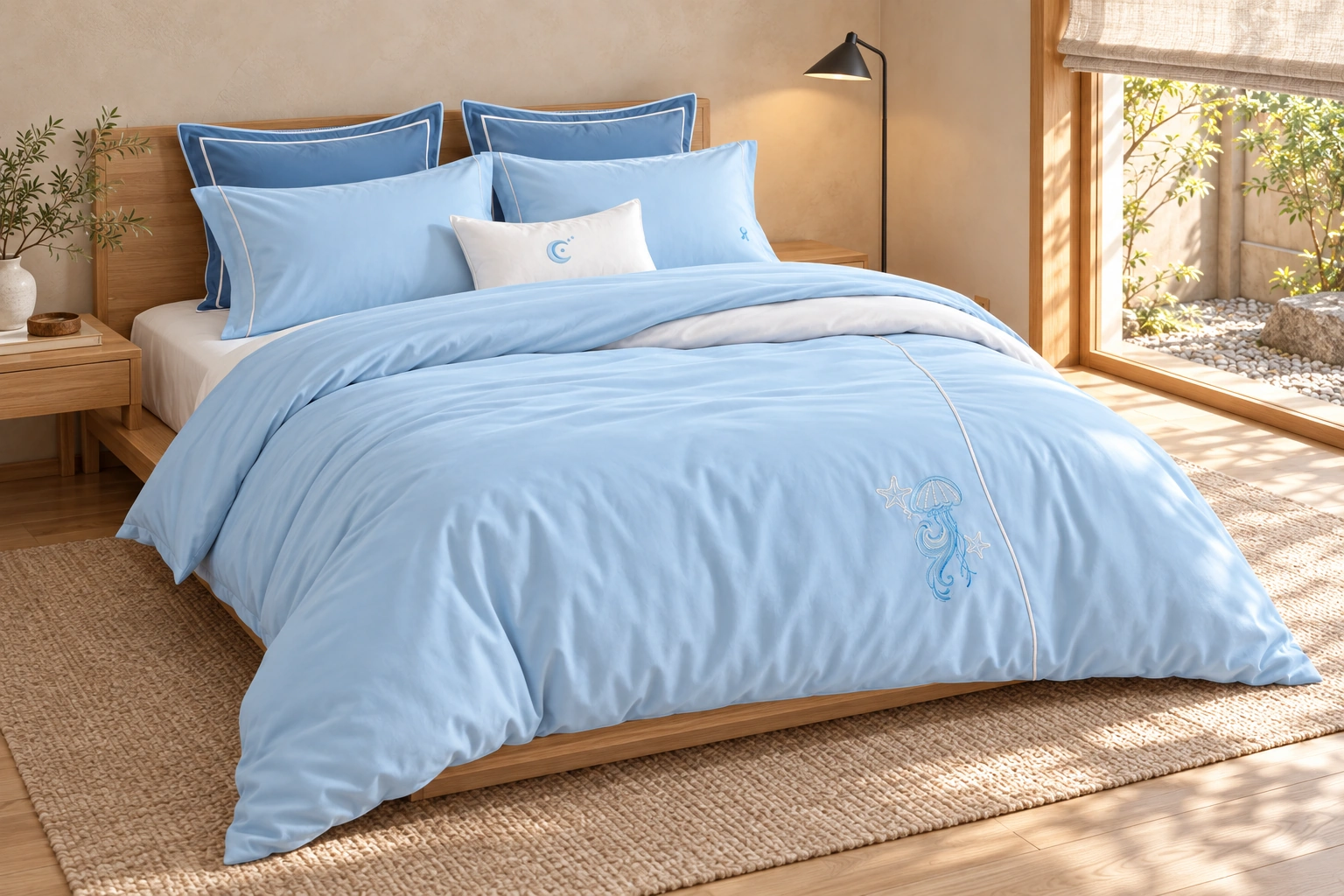 Lanhai Liuguang Four-Piece Bedding Set: Courtyard bedroom in afternoon light