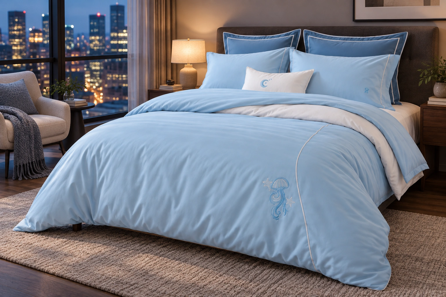 Lanhai Liuguang Four-Piece Bedding Set: City bedroom at dusk
