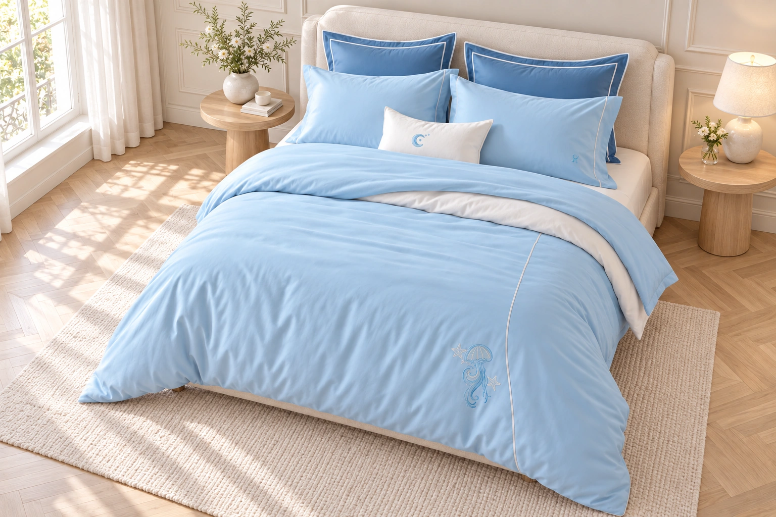 Lanhai Liuguang Four-Piece Bedding Set: Raised view of a bright bedroom