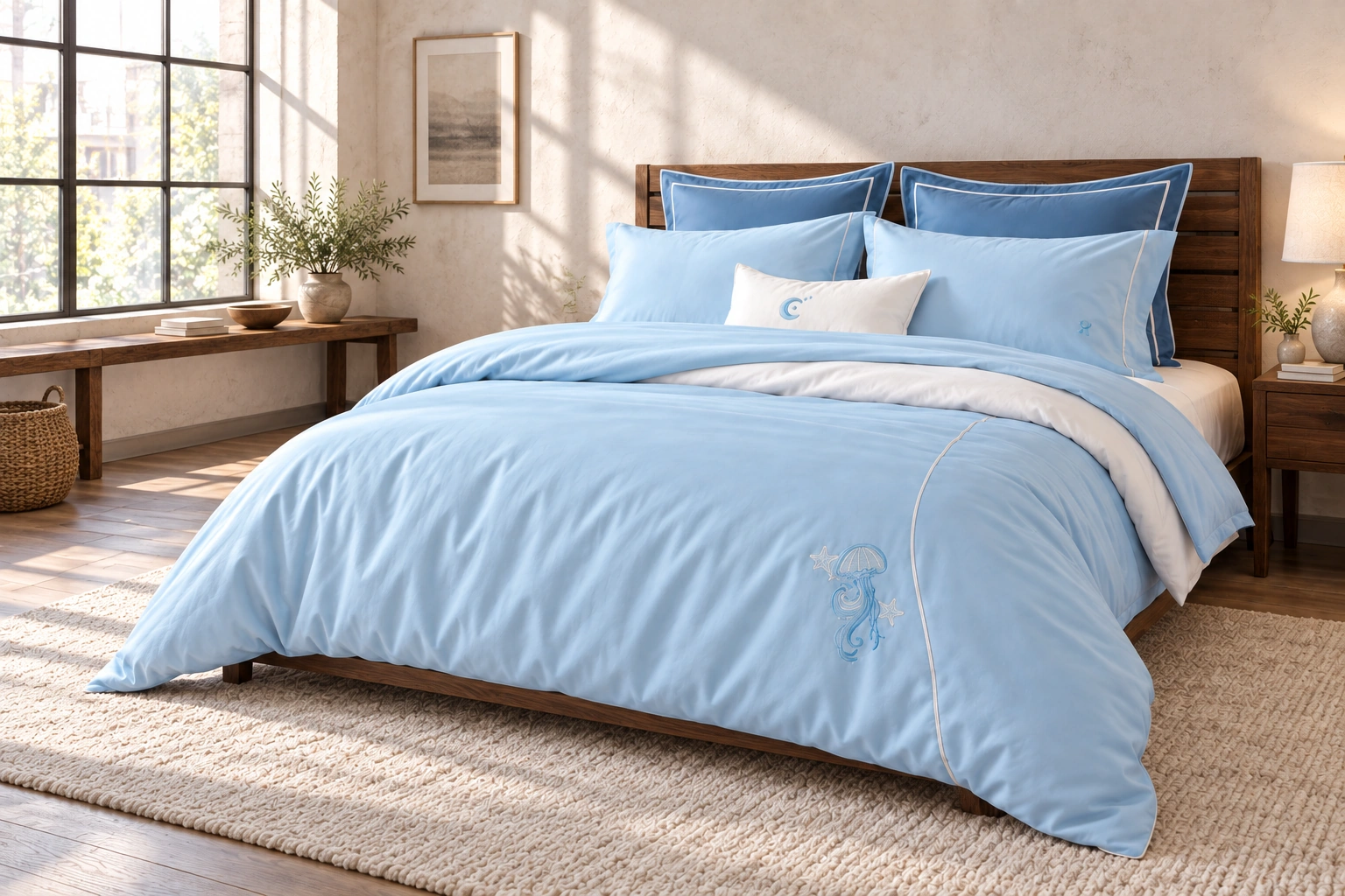 Lanhai Liuguang Four-Piece Bedding Set: Walnut loft bedroom