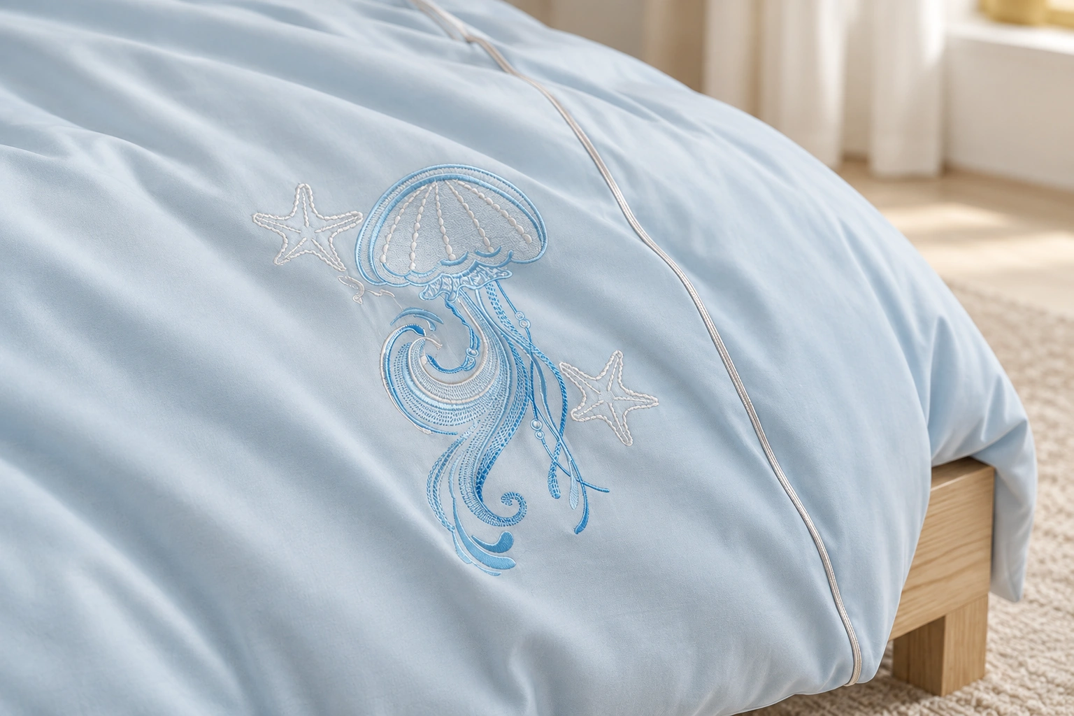 Lanhai Liuguang Four-Piece Bedding Set: Embroidery close-up on a bed corner
