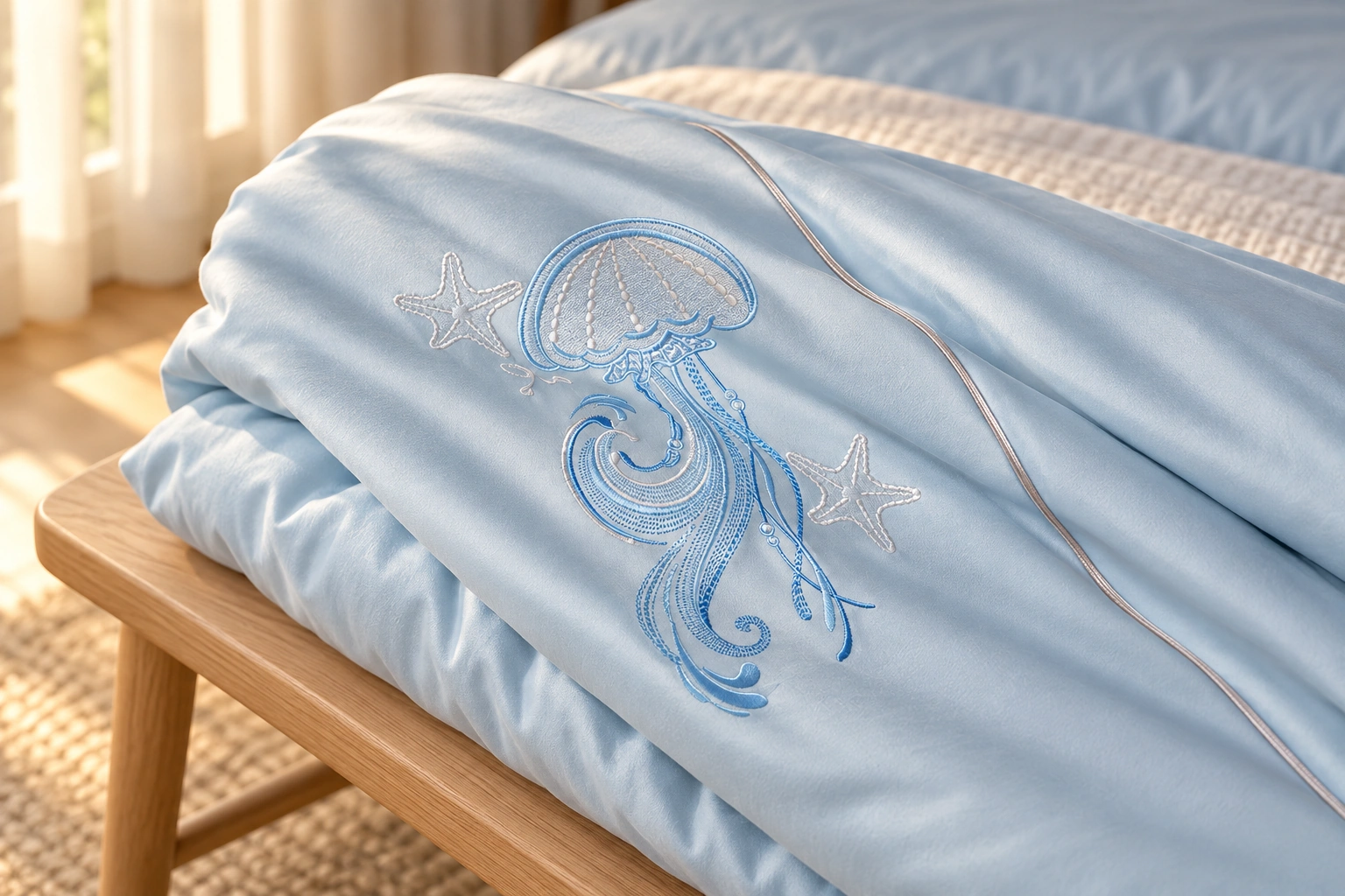Lanhai Liuguang Four-Piece Bedding Set: Folded duvet on an oak bench