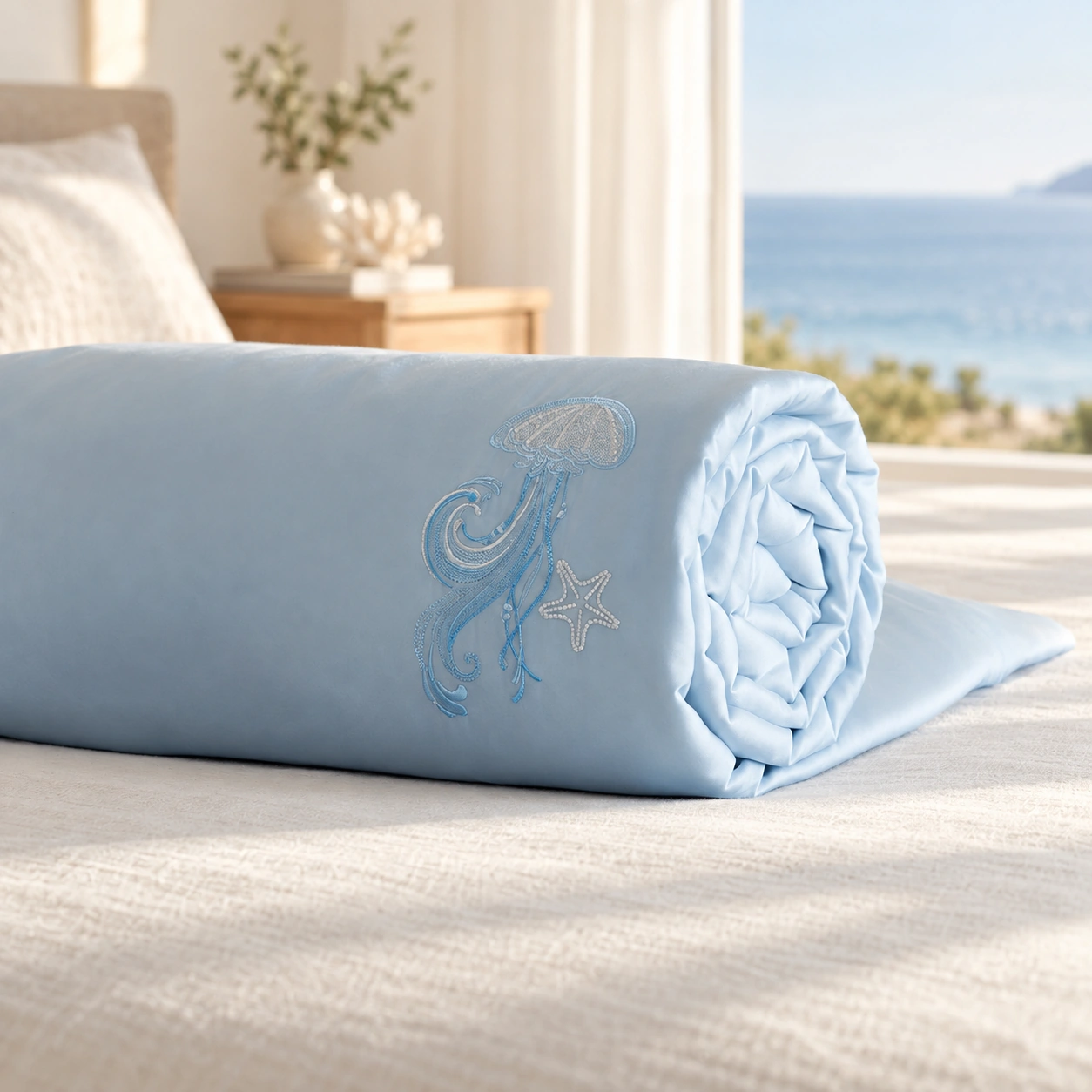 Lanhai Liuguang Canbao Summer Quilt: Coastal guestroom display