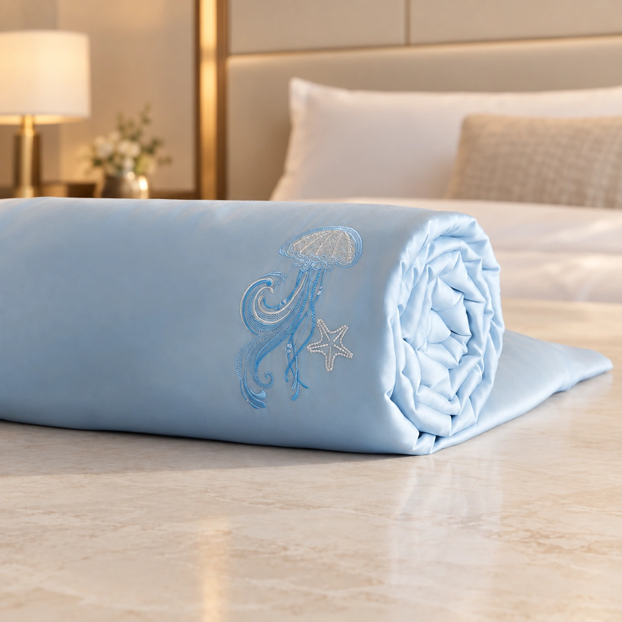 Lanhai Liuguang Canbao Summer Quilt: Hotel room display