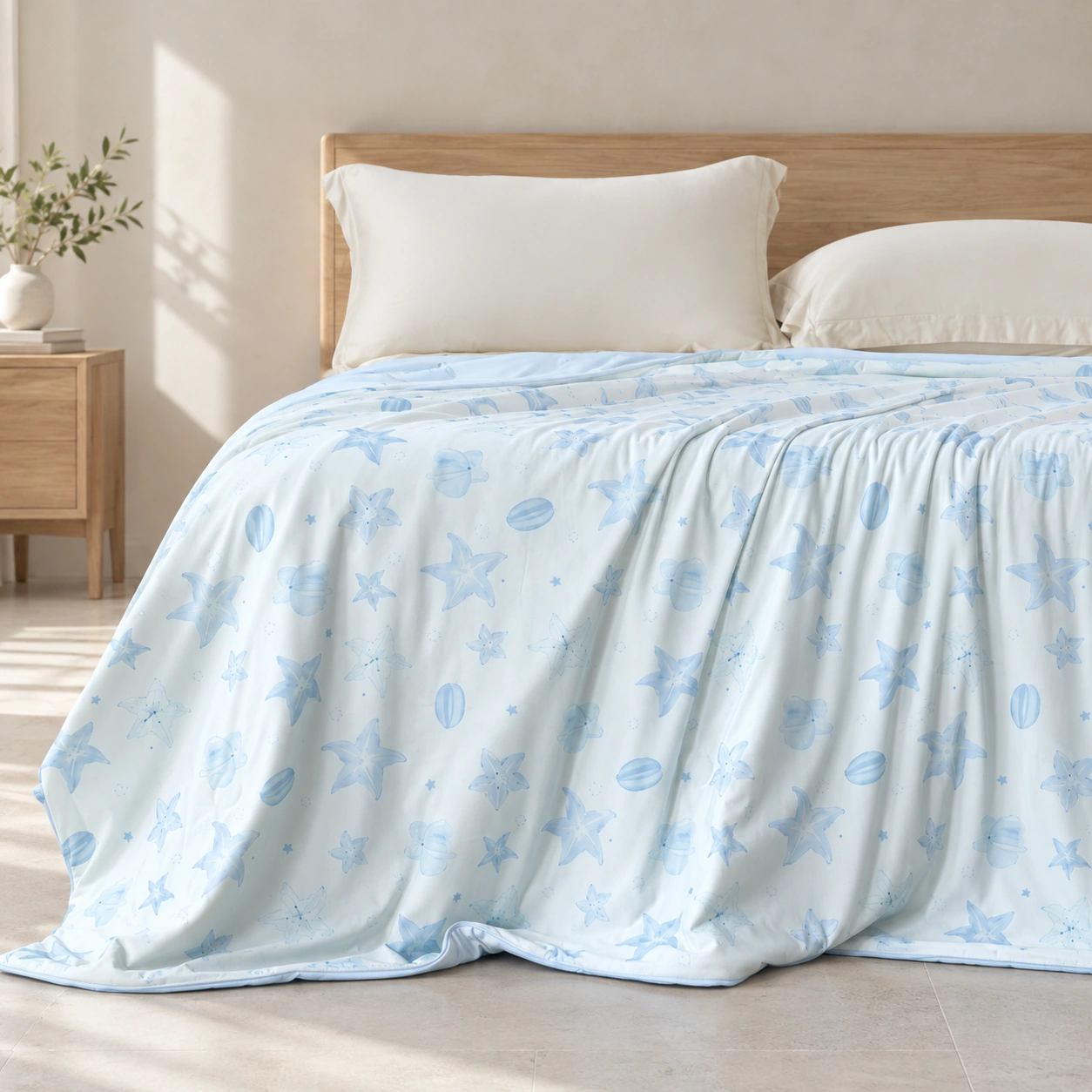 Lanxing Printed Summer Quilt: Pale stone bedroom setting