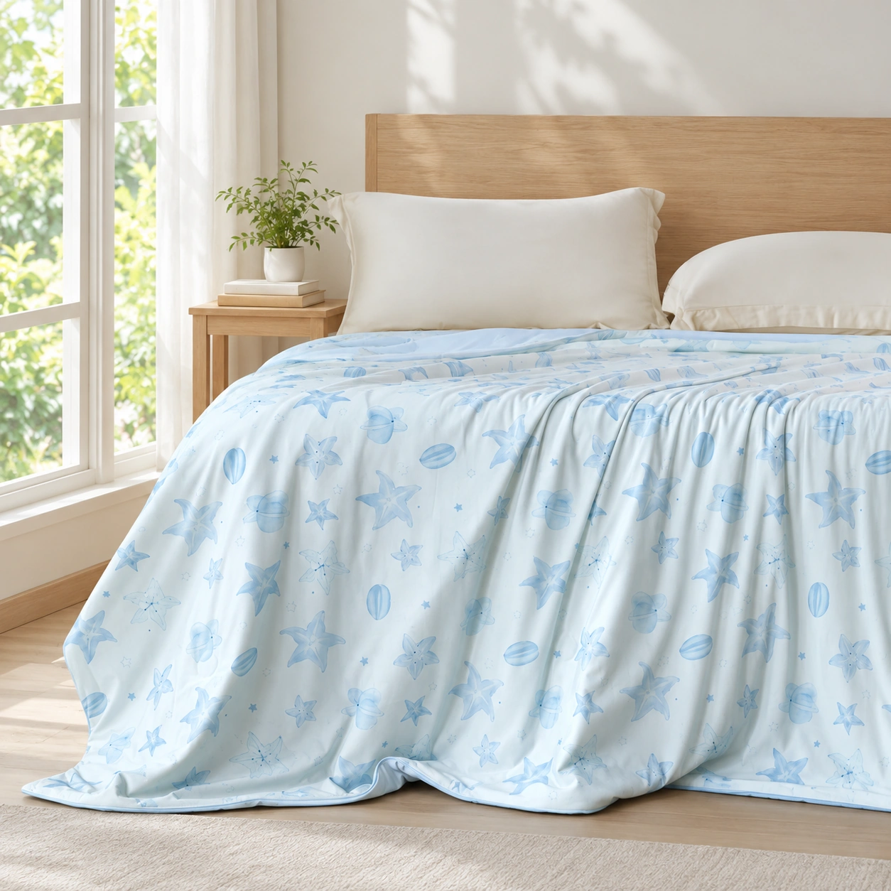 Lanxing Printed Summer Quilt: Garden-facing bedroom setting