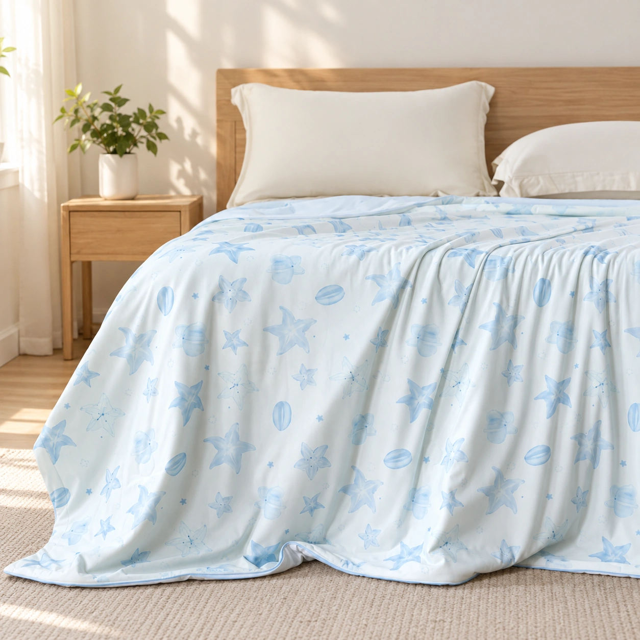 Lanxing Printed Summer Quilt: Warm daylight bedroom setting