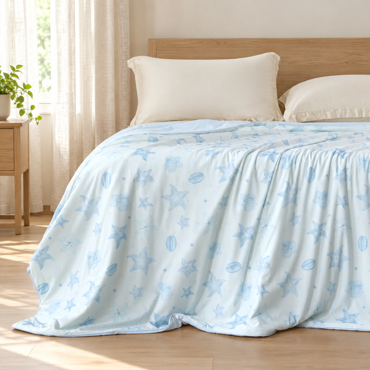 Lanxing Printed Summer Quilt: Neutral linen bedroom setting