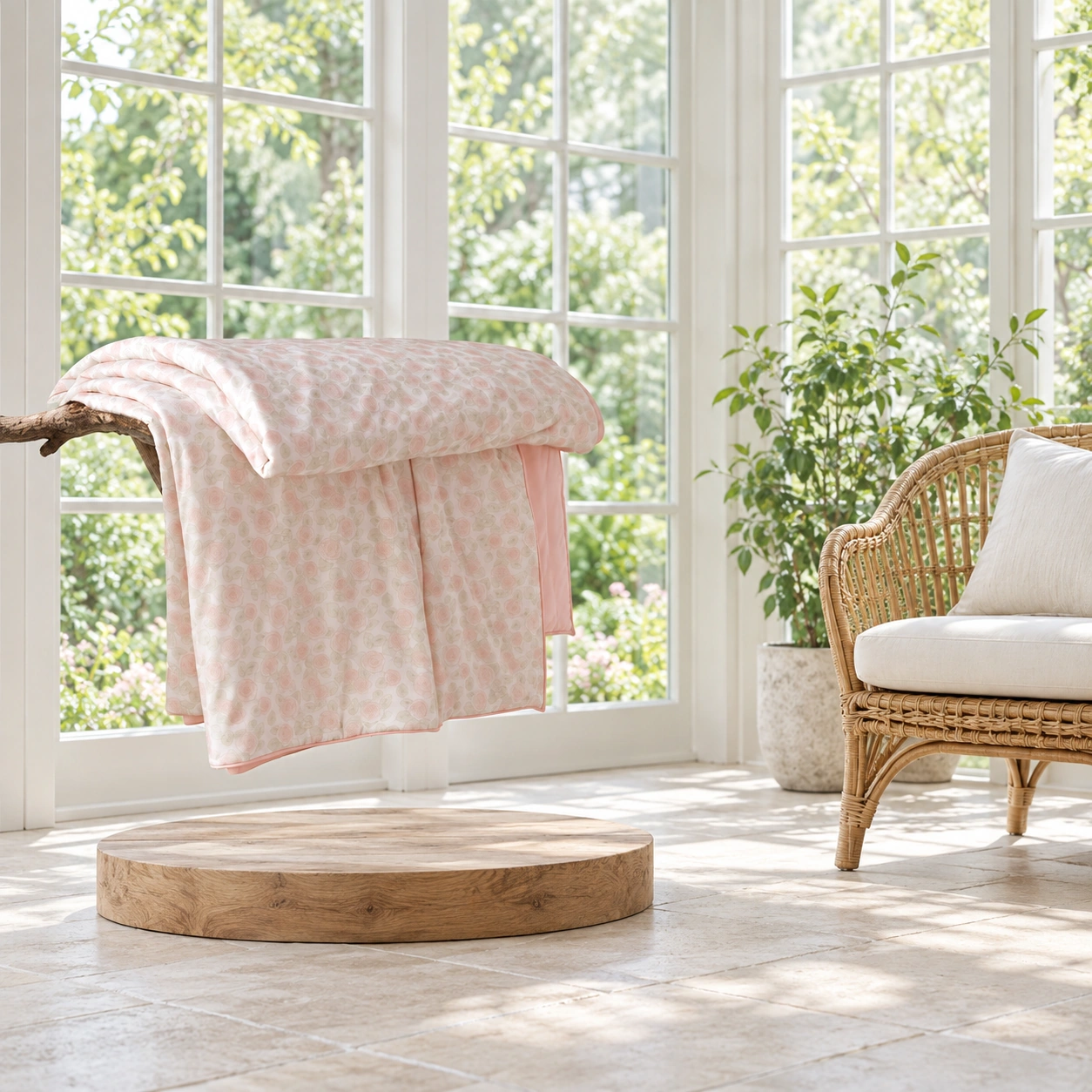 Meixiang Printed Summer Quilt: Sunroom display