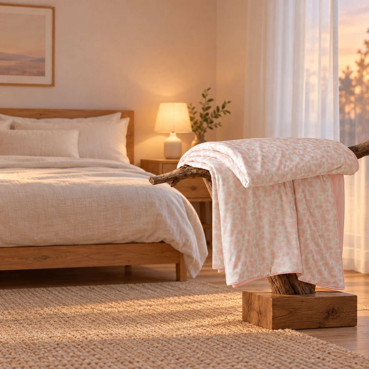 Meixiang Printed Summer Quilt: Guest bedroom at dusk