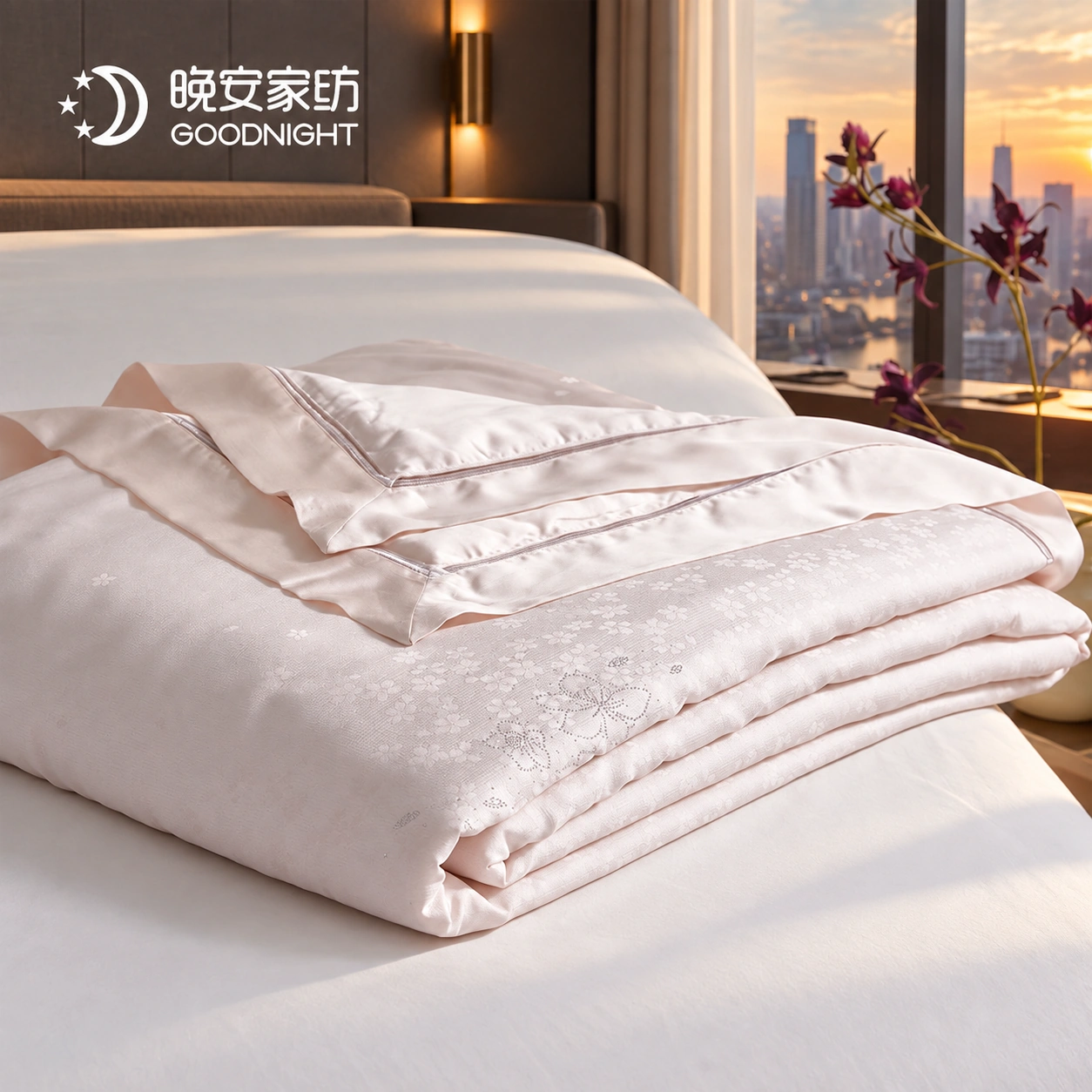 Nicai Tiansi Canbao Summer Quilt — Pink: High-rise city bedroom · Scene illustration