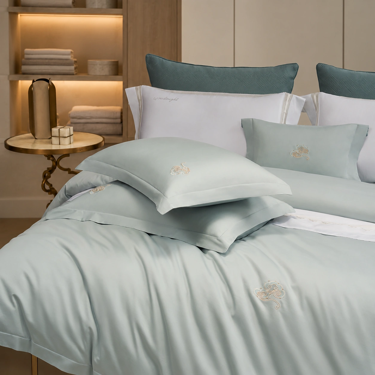 Pingbu Qingyun Four-Piece Bedding Set: Organized linen bedroom