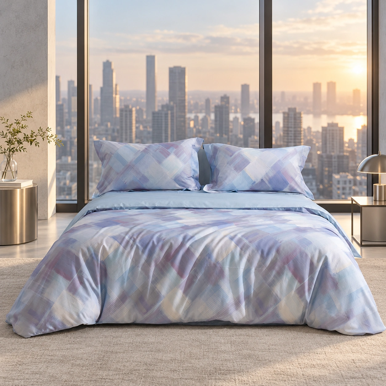 Qianlan Geyun Four-Piece Bedding Set: High-rise bedroom