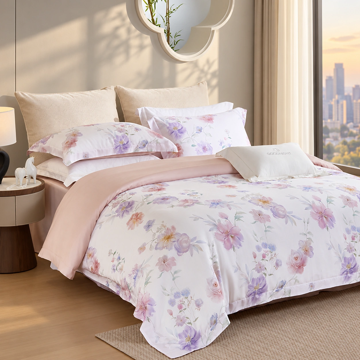 Randuo Four-Piece Bedding Set: High-rise city bedroom display