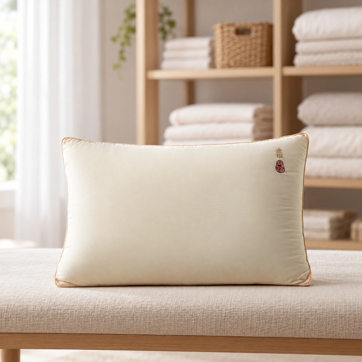 Ruixi Jinfu Gusseted Pillow: Organized linen shelf