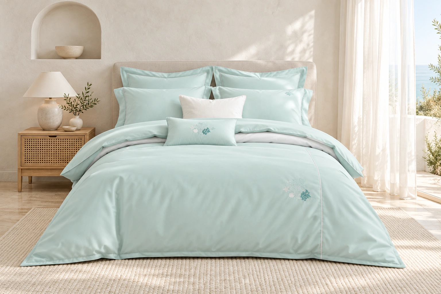 Shanhu Mengjing Four-Piece Bedding Set: Coastal curtain bedroom