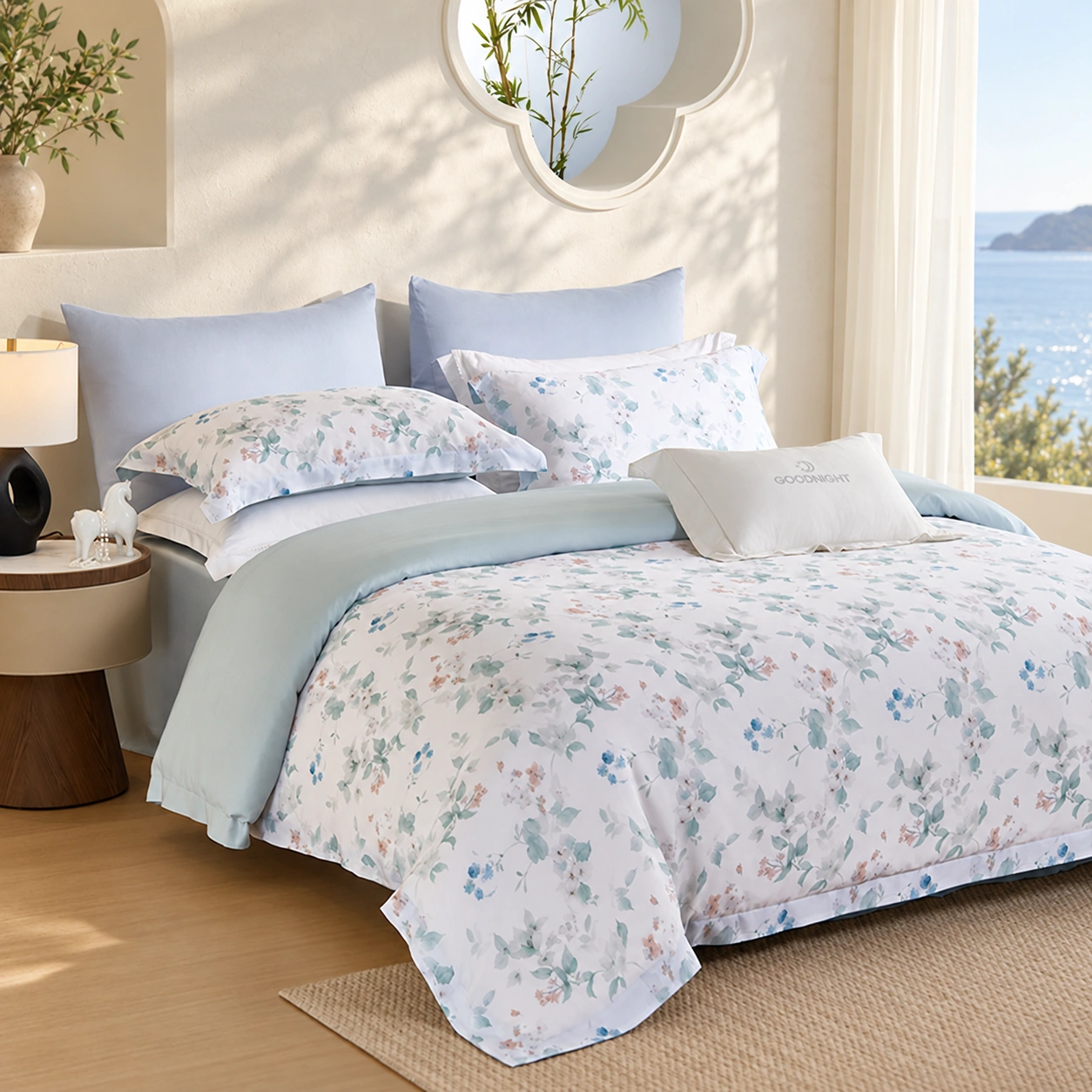 Yanxi Four-Piece Bedding Set: Coastal bedroom display