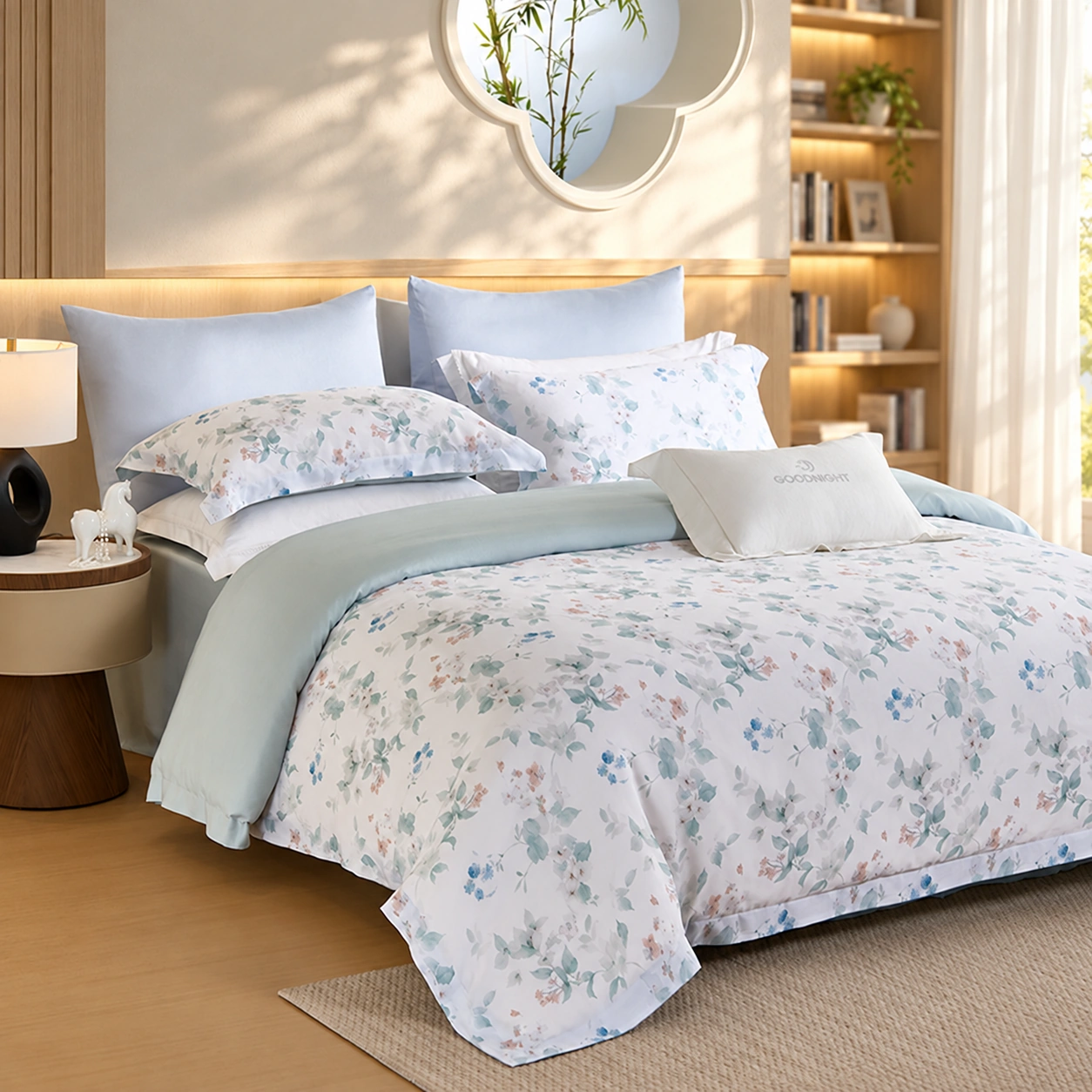 Yanxi Four-Piece Bedding Set: Reading-room bedroom display