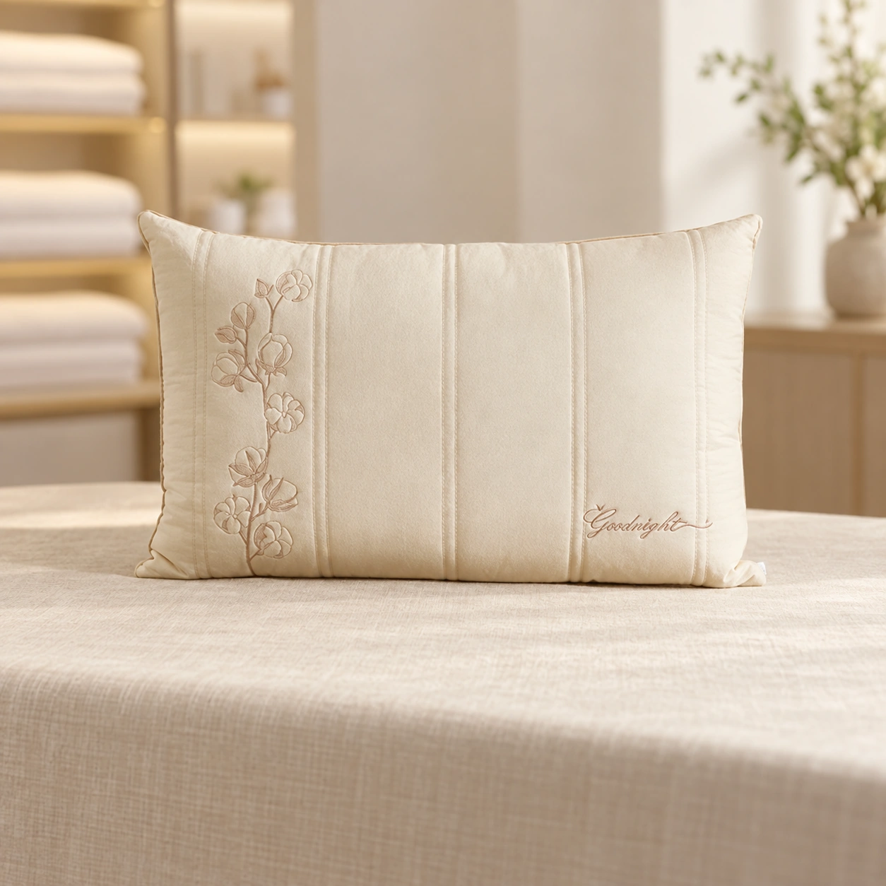 Yusi Cotton-Linen Pillow: Bedding showroom demonstration table