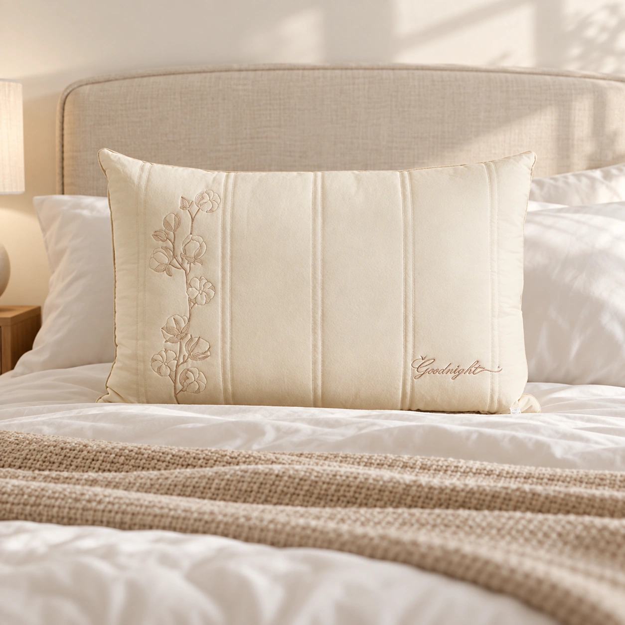 Yusi Cotton-Linen Pillow: Ivory guestroom bed