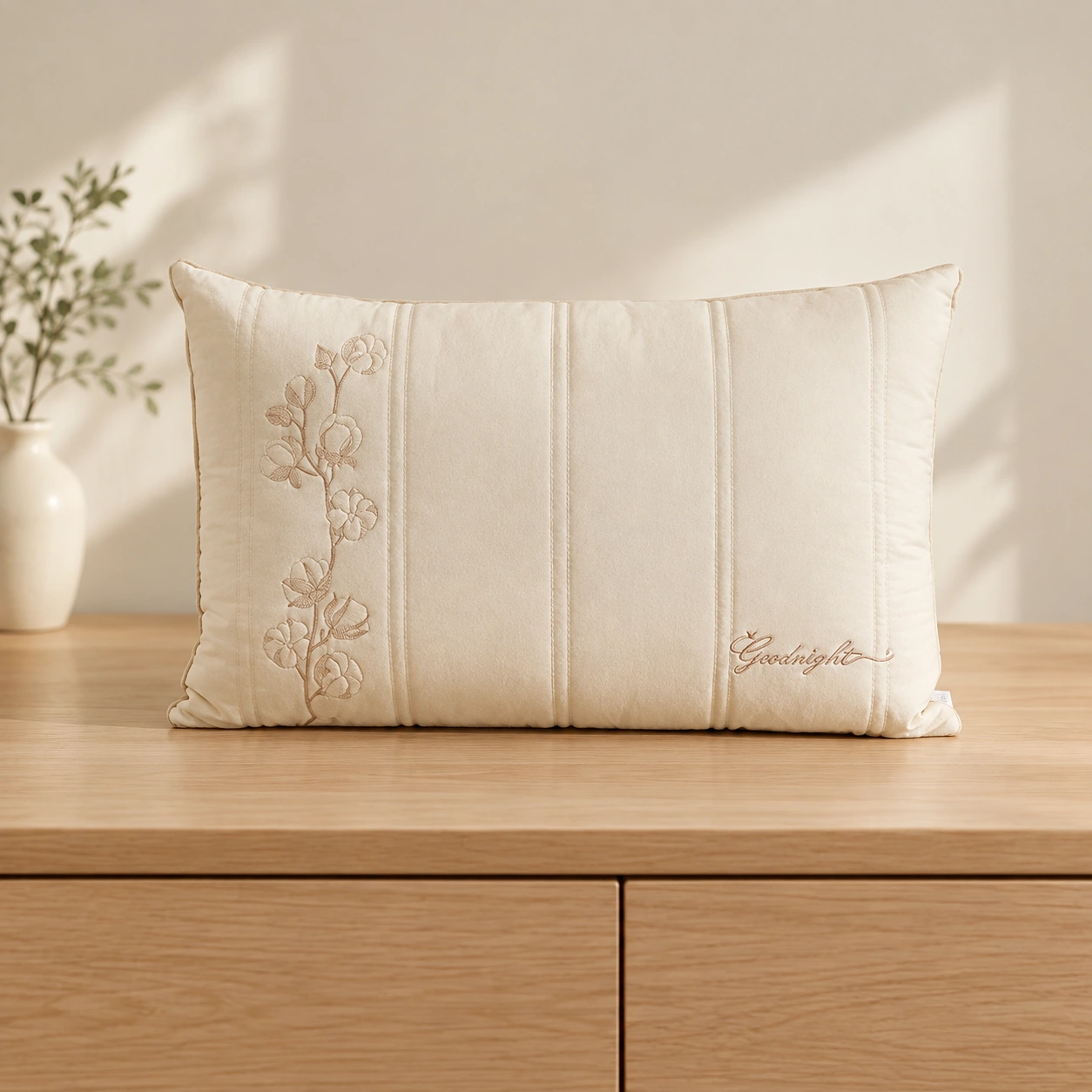 Yusi Cotton-Linen Pillow: Oak bedroom dresser display