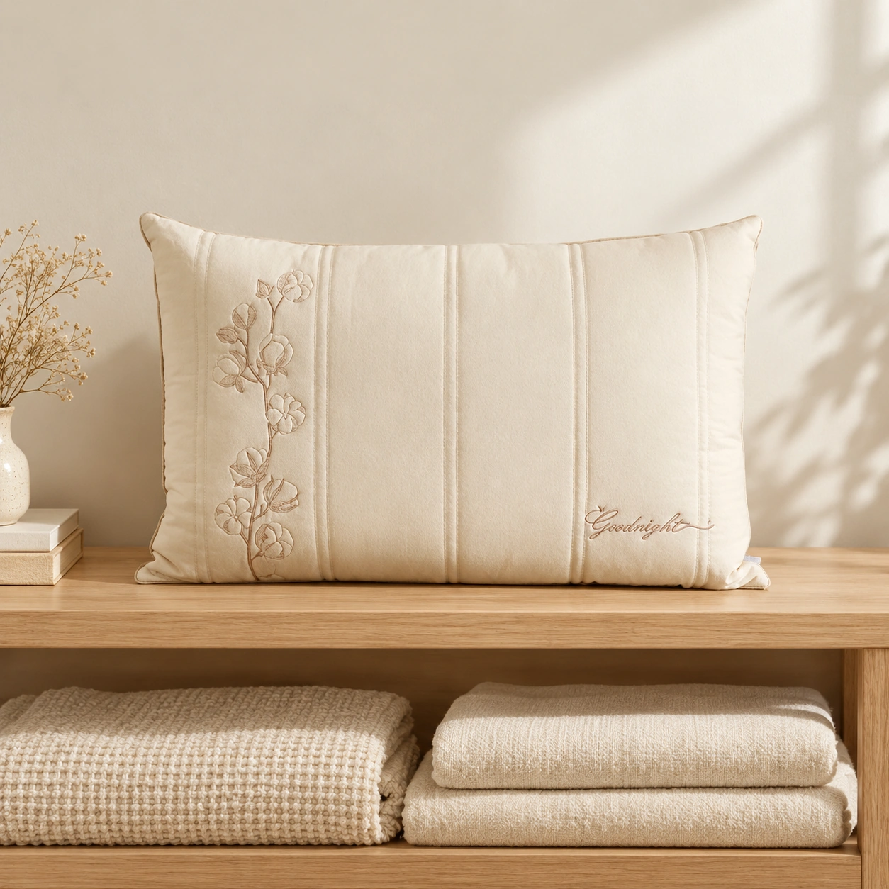 Yusi Cotton-Linen Pillow: Premium linen shelf display