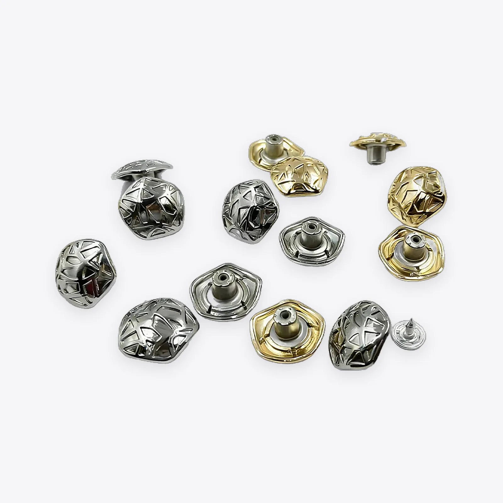 Irregular Pentagon-shaped Domed Swivel-shank Jeans Buttons with Crackle-line Engraving (Silver & Gold Tone)